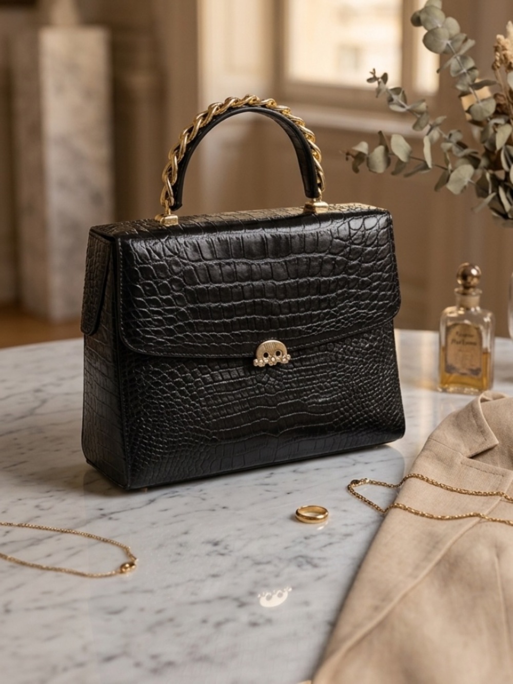 Black Croc-Embossed Top Handle Tote with Gold Chain Accent